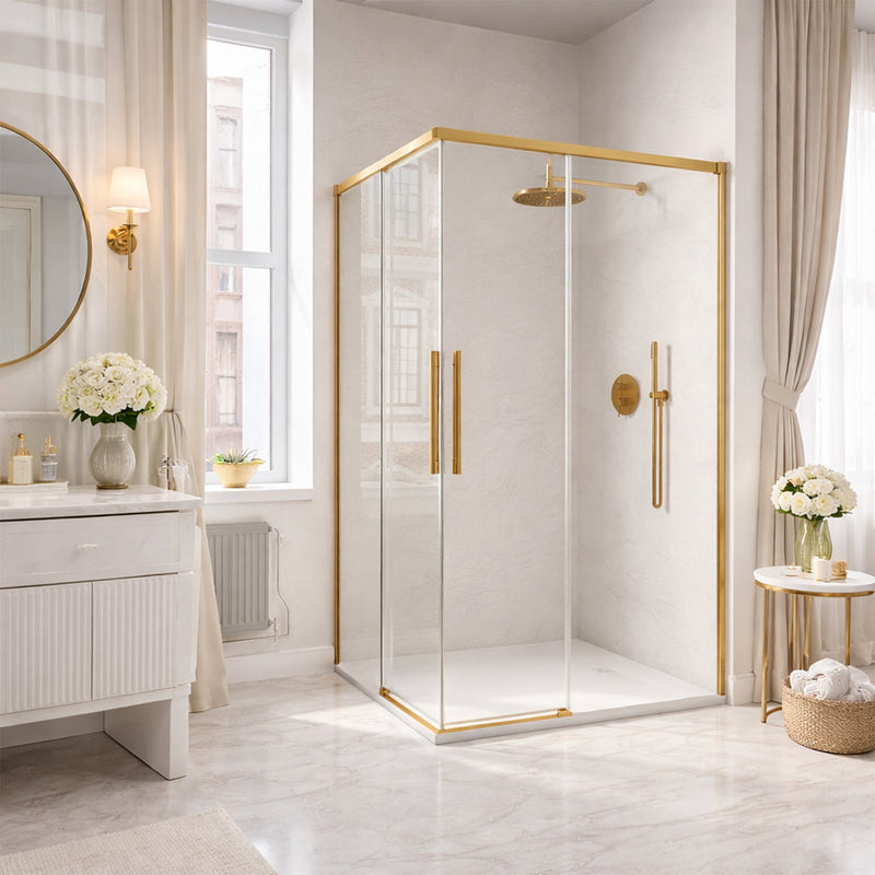 Box doccia angolare scorrevole soft close Run 70x120 cm con vetro 8 mm anticalcare e altezza 200 cm - Oro Etrusco