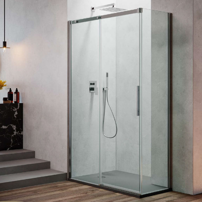 Box Doccia Angolare 140x80 con Porta scorrevole + Lato Fisso in Cristallo Temperato da 8 mm Anticalcare - DocciaGo  PureGlass
