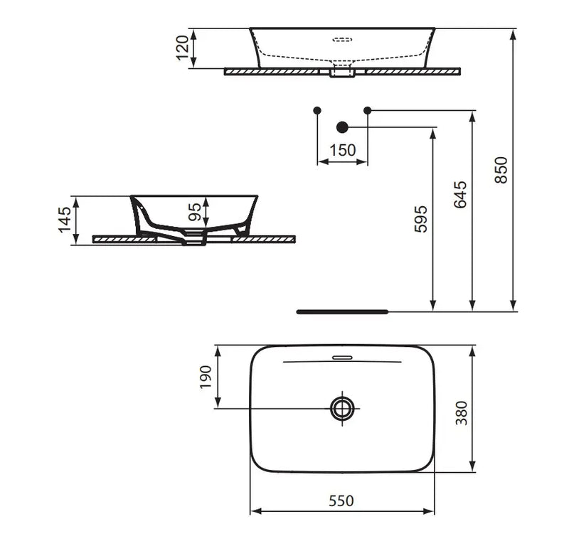 Lavabo da appoggio rettangolare 55x38 cm con foro troppo pieno Ideal Standard Ipalyss E207801
