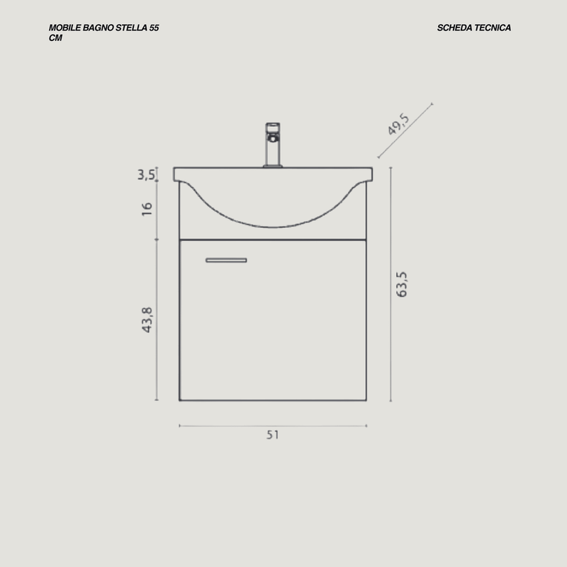 Mobile Bagno Sospeso 55 Cm Un'Anta Specchio 48x57 Cm Cubi&Co"Stella" Bianco Lucido