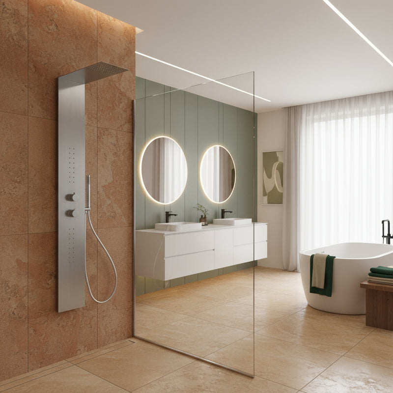 Pannello Doccia in acciaio inox spazzolato con miscelatore a 3 vie soffione, idromassaggio, flessibile e doccetta  Caorle