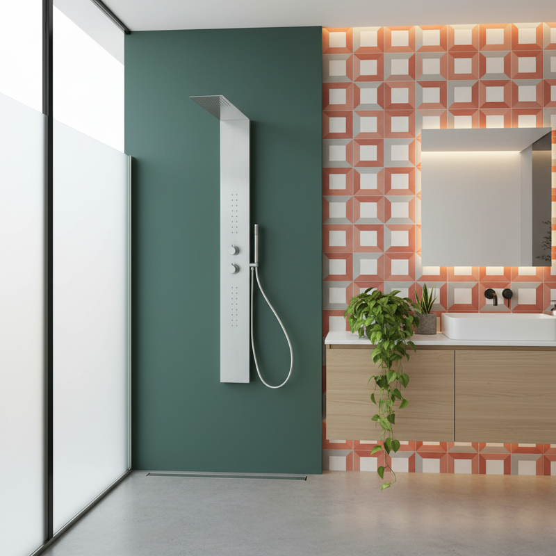 Pannello Doccia in acciaio inox spazzolato con miscelatore a 3 vie soffione, idromassaggio, flessibile e doccetta  Caorle