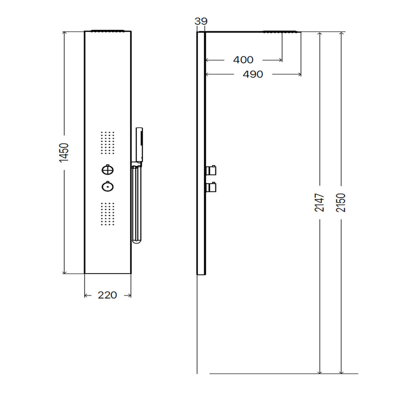 Pannello Doccia in acciaio inox verniciato nero con miscelatore a 3 vie soffione, idromassaggio, flessibile e doccetta  Jesolo