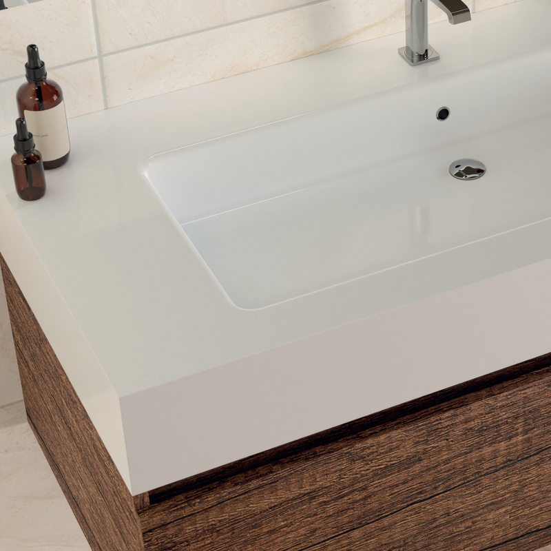 Mobile bagno sospeso Cairo 100 cm con lavabo in marmoresina, specchio con LED e colonna - Noce