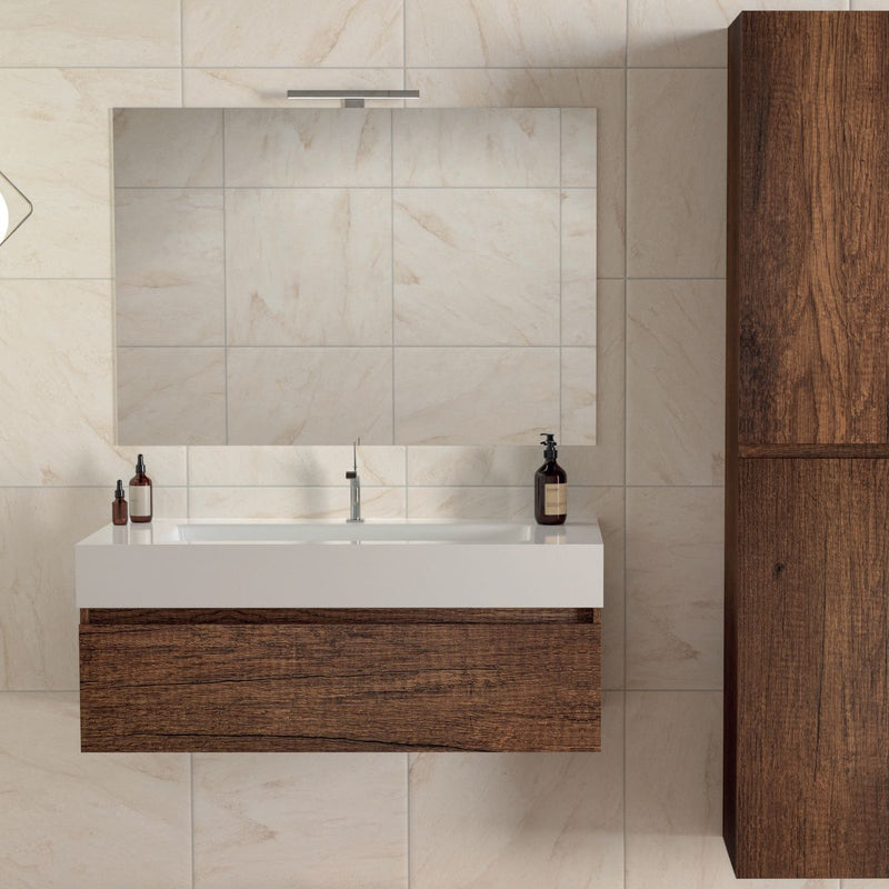 Mobile bagno sospeso Cairo 100 cm con lavabo in marmoresina, specchio con LED e colonna - Noce