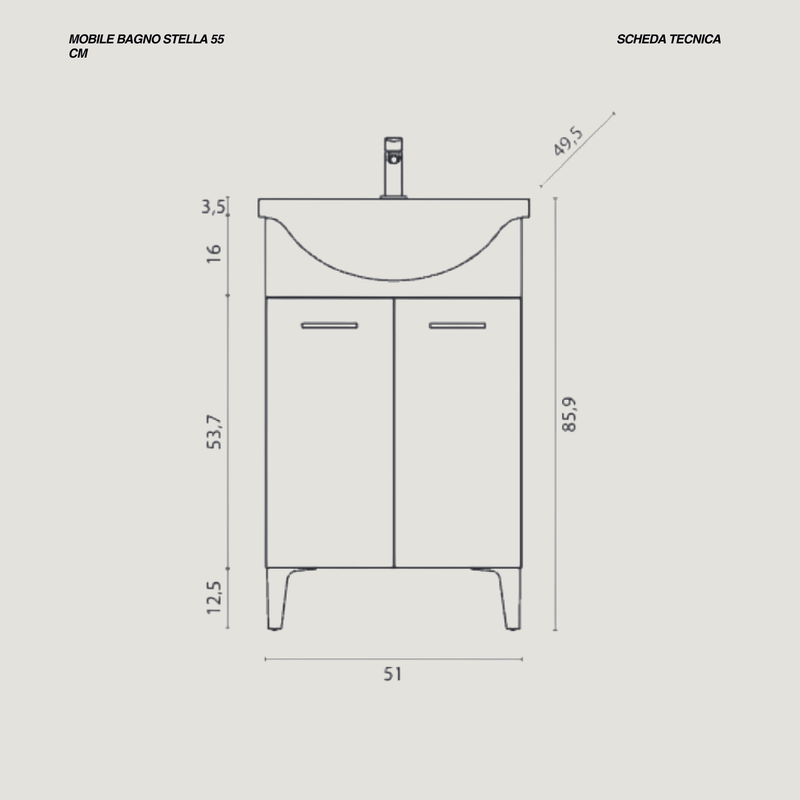 Mobile Bagno a Terra 55 Cm Due Ante Specchio 48x73 Cm Cubi&Co "Stella" Grigio
