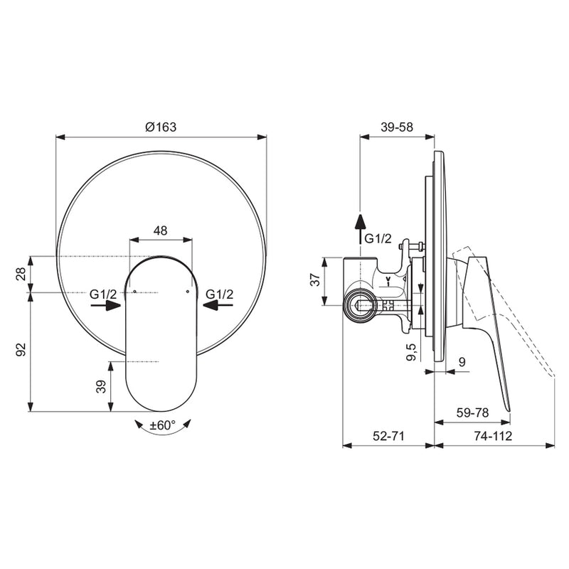 Miscelatore doccia incasso Nero Opaco completo di parti esterna e parte interna Ideal Standard Ceralife O Art BE022XG