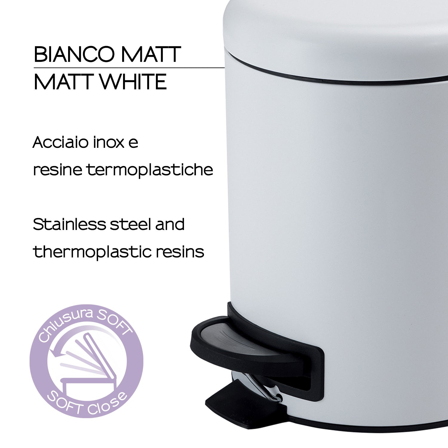 Portarifiuti 5 lt in Acciaio Inox modello Potty di Gedy - Bianco Matt by CeramicStore | Lo specialista del tuo bagno