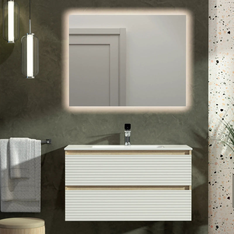 Mobile bagno sospeso Atene 90 cannettato orizzontale con lavabo e specchio LED Made in Italy - Cubi&Co