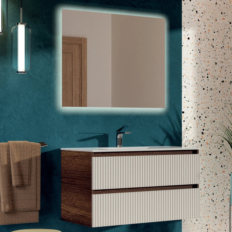 Mobile bagno sospeso Atene 90 cannettato verticale con lavabo e specchio LED Made in Italy - Cubi&Co