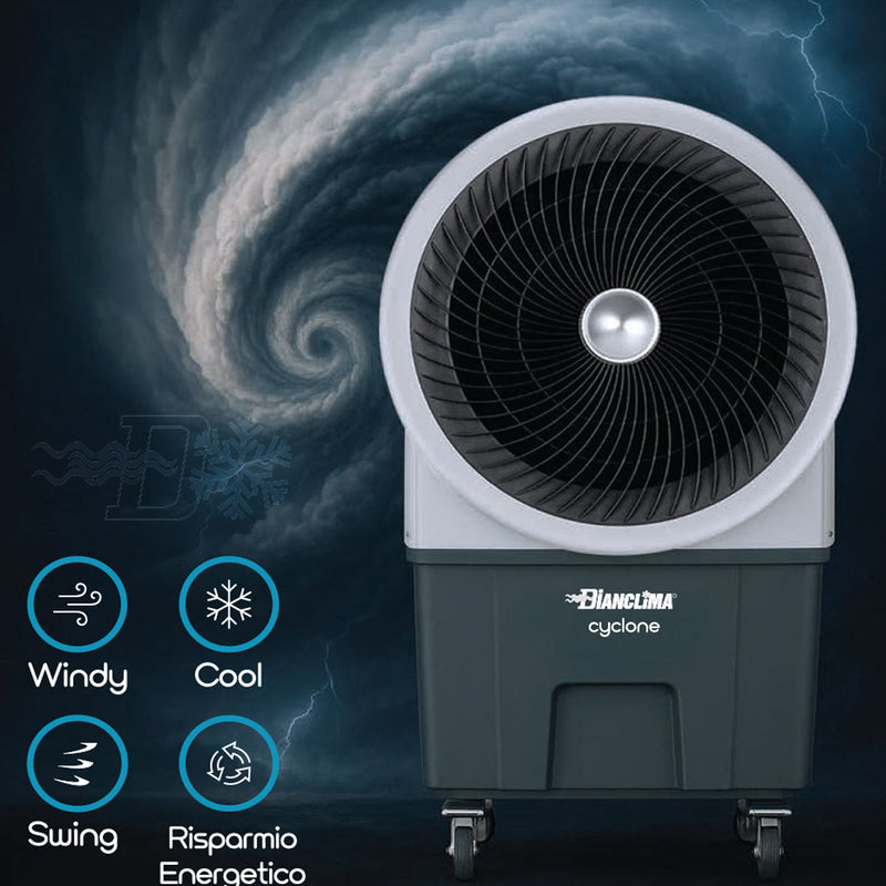 Raffrescatore evaporativo Cyclone con capacità serbatoio 90 litri e indicatore di livello. Controllo digitale, adatto ad ambienti fino a 80 mq