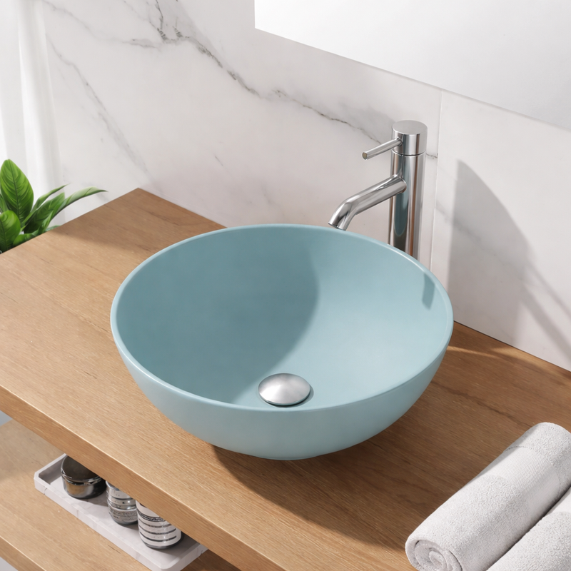 Lavabo da appoggio tondo BathCore serie Viva diametro 41,5 cm senza troppopieno - Celeste