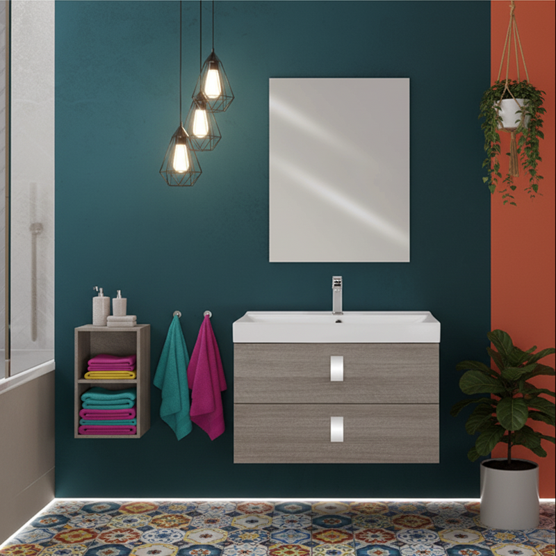 Mobile da bagno sospeso da 75 cm finitura Rovere Scuro completo di lavabo e Specchio a Filo 60x80