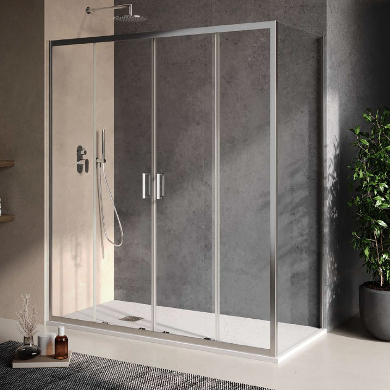 Box doccia Angolare scorrevole 150x80 in cristallo anticalcare Trasparente 6 mm con lato fisso + porta scorrevole doppia collezione Way by DocciaGo