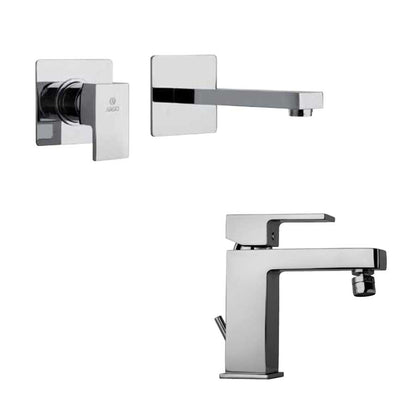 Set di miscelatori di forma quadrata per lavabo a muro e bidet finitura cromata con Piletta e Saltello collezione More di Argo Rubinetterie