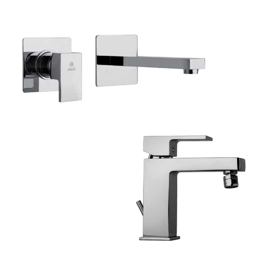 Set di miscelatori di forma quadrata per lavabo a muro e bidet finitura cromata con Piletta e Saltello collezione More di Argo Rubinetterie