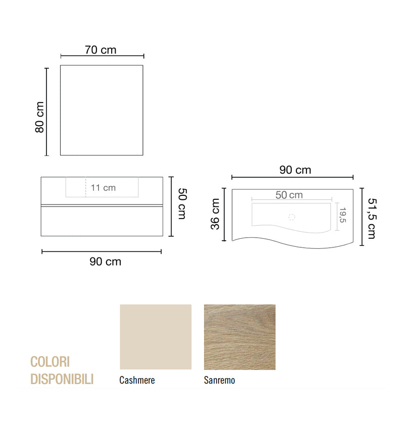 Mobile Bagno sospeso 90 cm  Cubi&Co con specchio e lavabo integrato Legno Sanremo  ESSE90