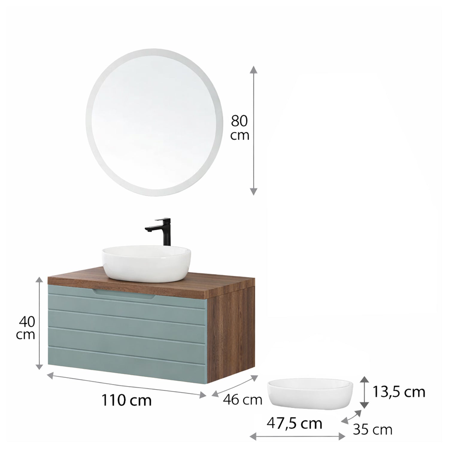 Mobile bagno sospeso Essenza 110 cm in noce canaletto e Verde Salvia con lavabo e specchio