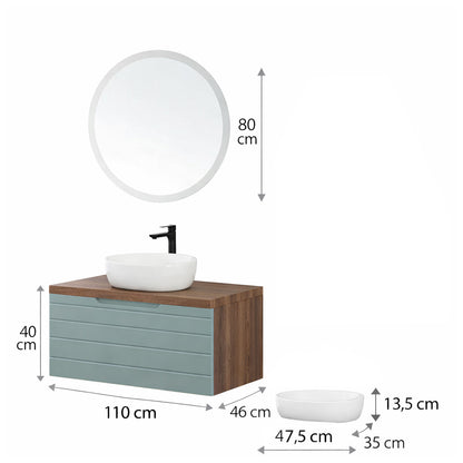 Mobile bagno sospeso Essenza 110 cm in noce canaletto e Verde Salvia con lavabo e specchio