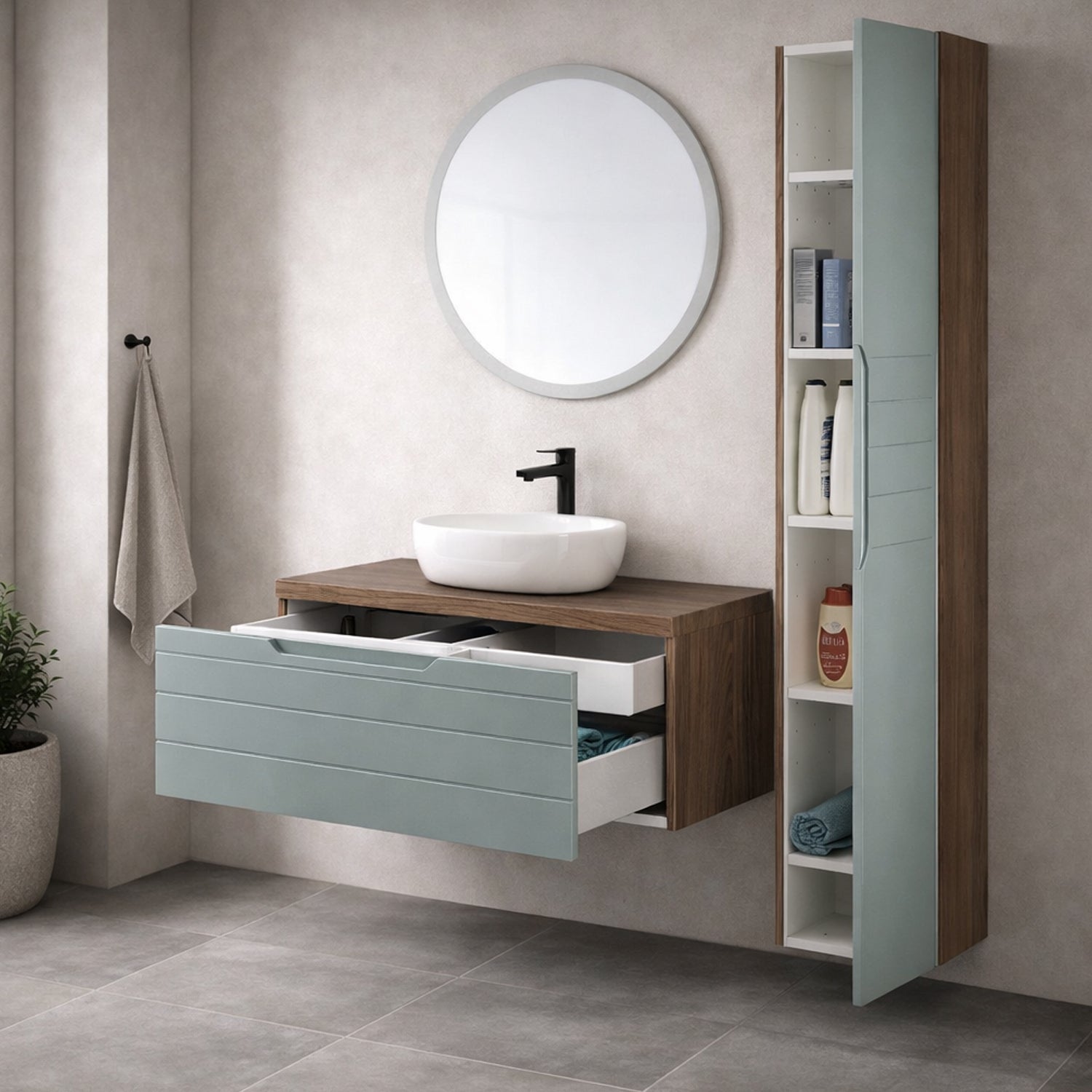 Pensile bagno Essenza in noce canaletto e verde salvia – h 150 cm