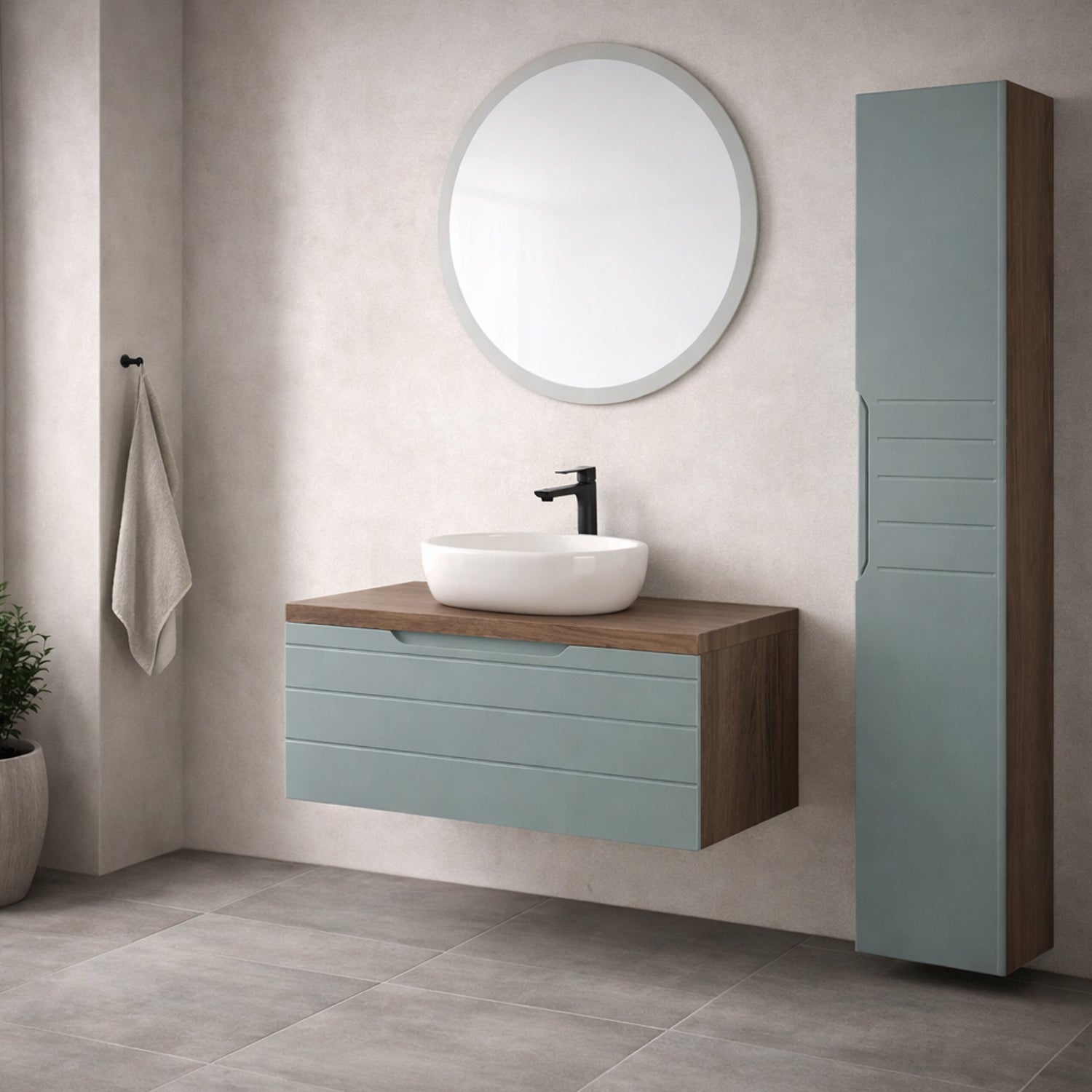 Mobile bagno sospeso Essenza 110 cm in noce canaletto e Verde Salvia con lavabo e specchio