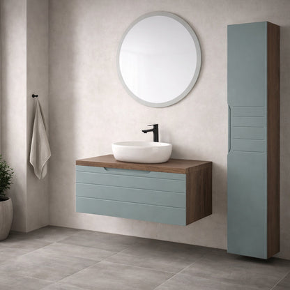 Mobile bagno sospeso Essenza 110 cm in noce canaletto e Verde Salvia con lavabo e specchio