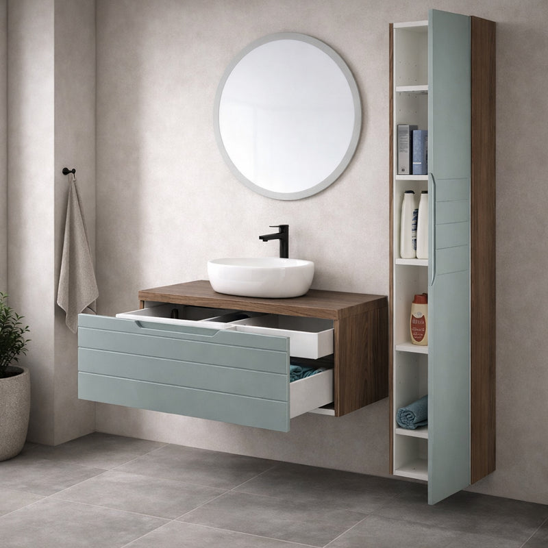 Mobile bagno sospeso Essenza 90 cm in noce canaletto e Verde Salvia con lavabo e specchio
