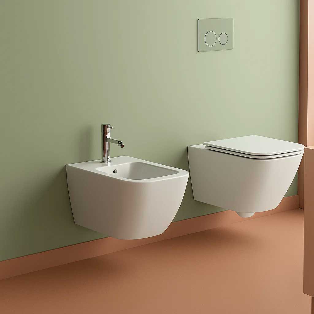 Coppia sanitari sospesi BathCore serie Etherea 42x52 cm - Vaso sospeso + bidet sospeso + copriwater