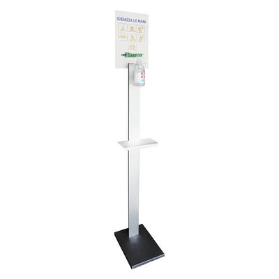Colonnina porta gel igienizzante con mensola per guanti in alluminio hxlxp cm 160x24x35