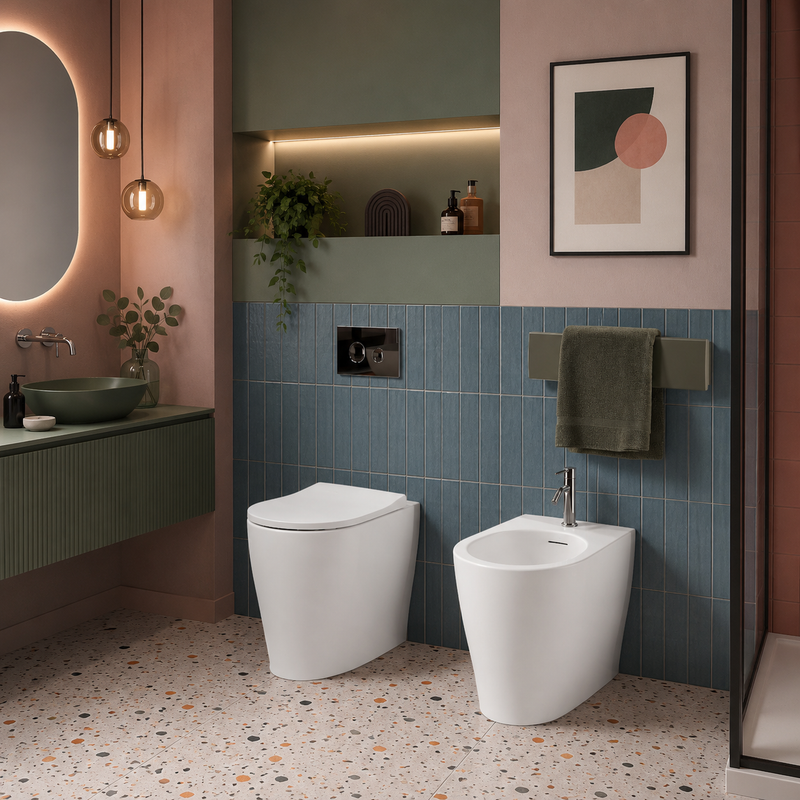 Sanitari filomuro senza brida scarico traslato Domus Falerii collezione Multipla 52x36 cm bianco lucido