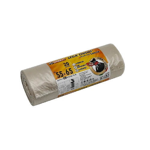 20 pz sacchi spazzatura lega e chiudi c/laccio spessore 18 my trasparente cm 55 x 65