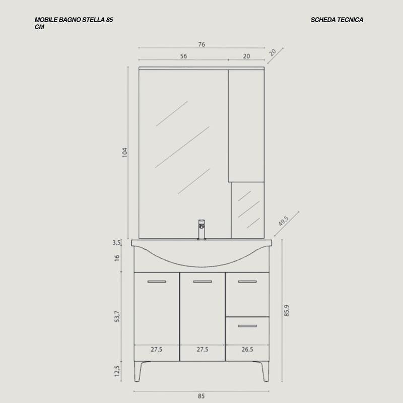 Mobile Bagno a Terra 85 Cm con Due Cassetti Due Ante Specchio Con Pensile e Faretti Led 76x106 Cm Cubi&Co "Stella" Grigio