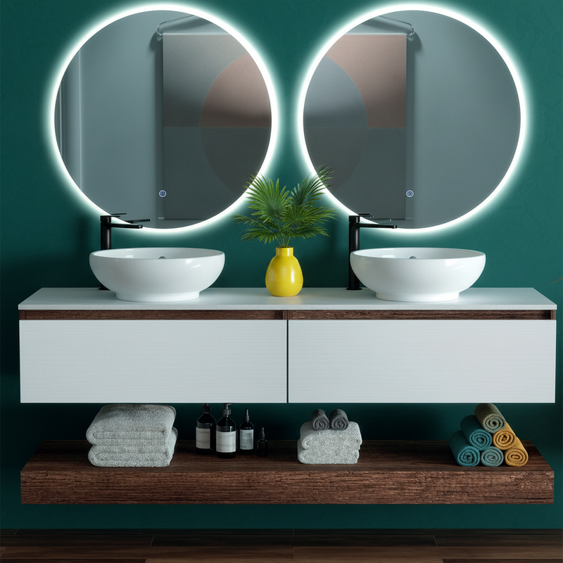 Mobile da Bagno sospeso con doppio lavabo e doppio specchio a Led Legno da 160 cm Made in Italy - Cubi&Co Magic