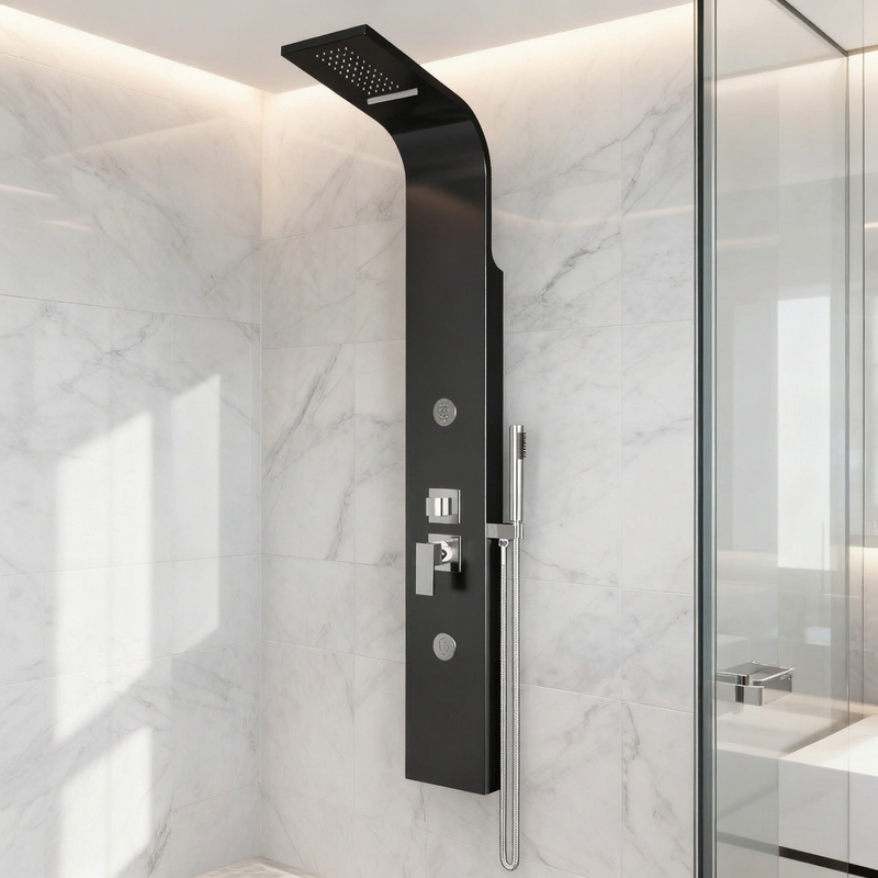 Pannello doccia in acciaio inox Deluxe DocciaGo con idrogetti e doccetta 150x21 cm - Nero