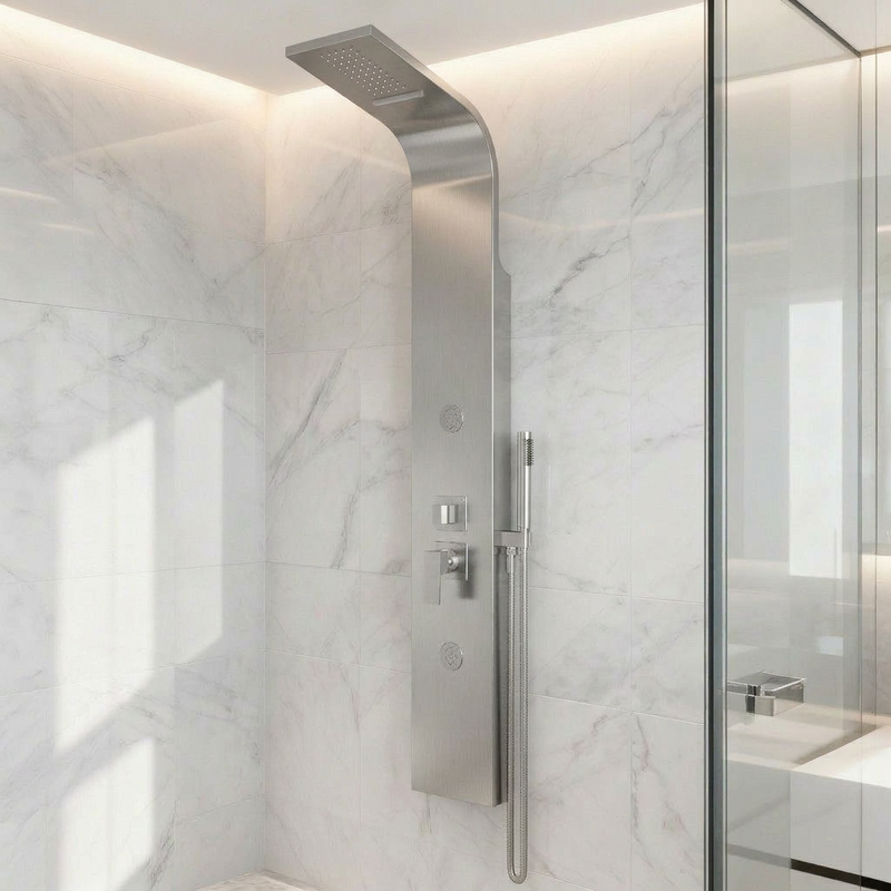 Pannello doccia in acciaio inox Deluxe DocciaGo con idrogetti e doccetta 150x21 cm - Acciaio satinato