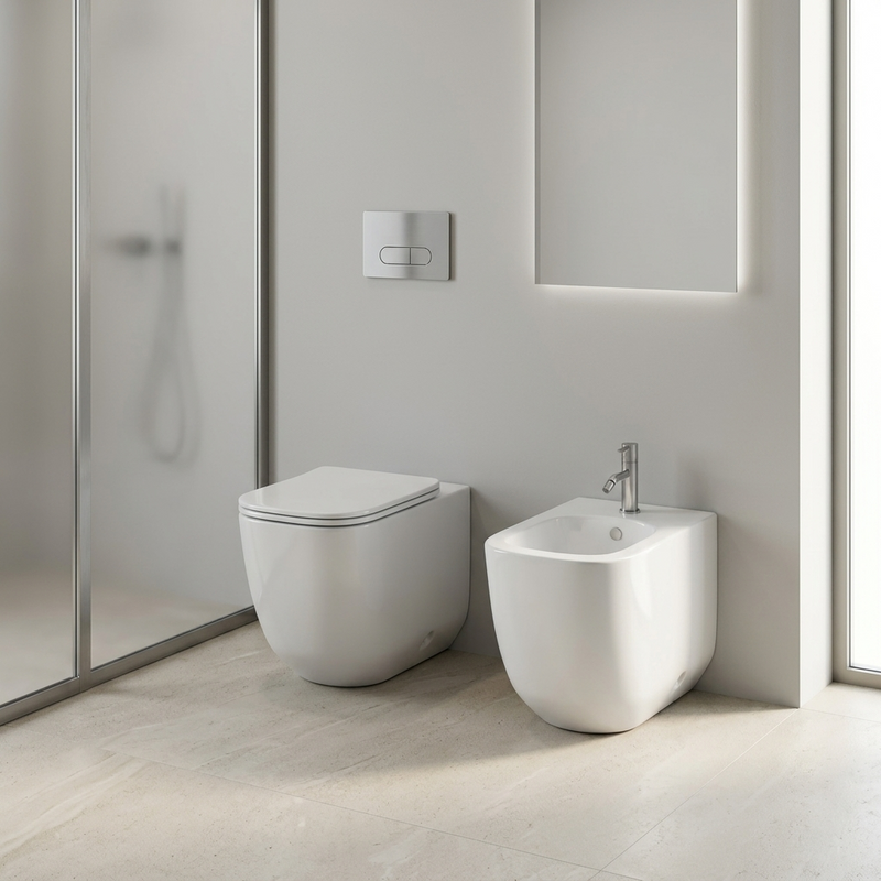 Sanitari filomuro Prime BathCore con scarico tornado e copriwater soft-close