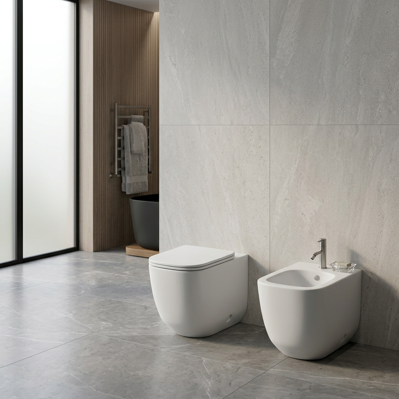 Sanitari filomuro Prime BathCore con scarico tornado e copriwater soft-close