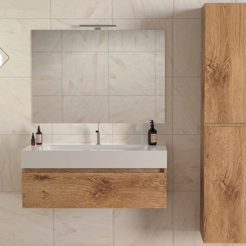 Mobile bagno sospeso Cairo 100 cm con lavabo in marmoresina, specchio con LED e colonna - Rovere Nodato