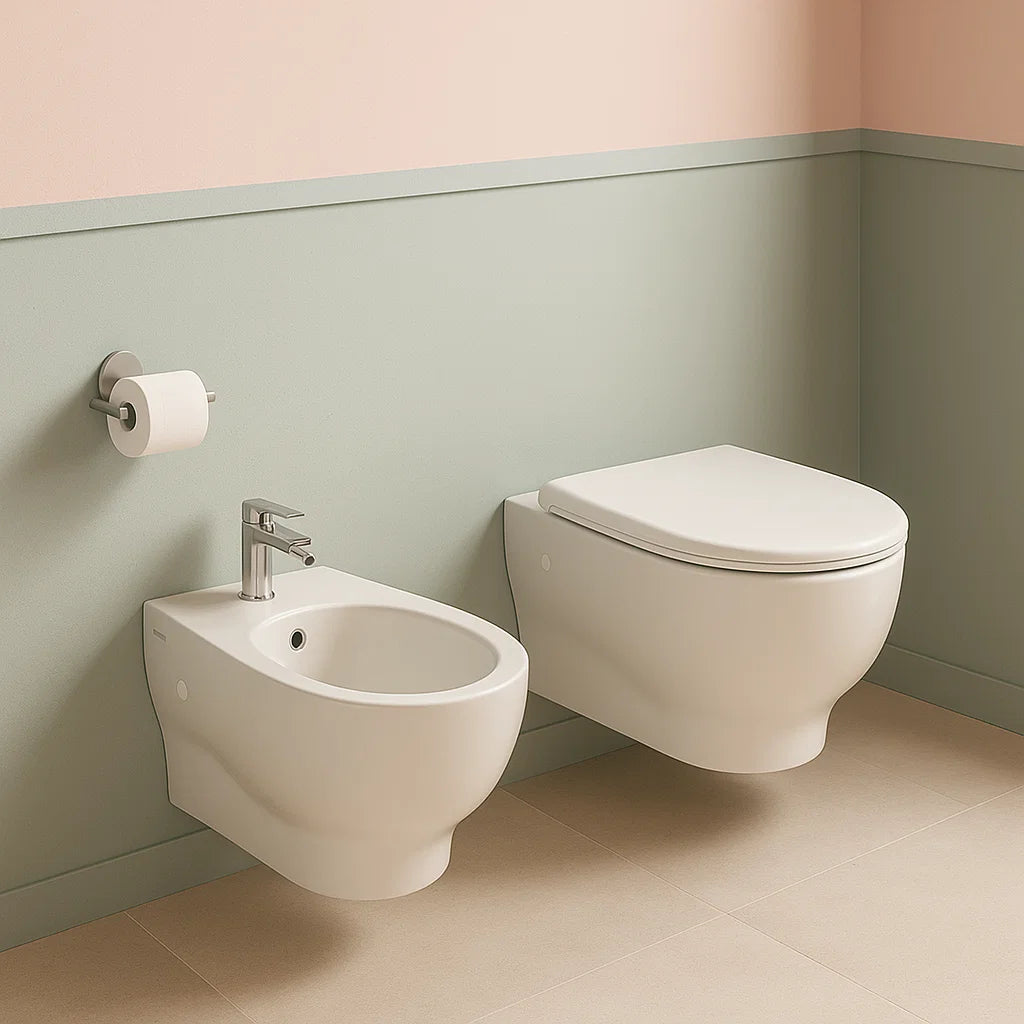 Hängende Sanitäranlagen ohne Keramikflansch Globo Grace WC, Bidet und Slim Soft-Close-Sitz