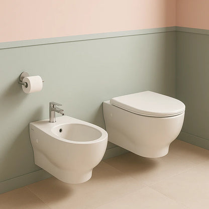 Hängende Sanitäranlagen ohne Keramikflansch Globo Grace WC, Bidet und Slim Soft-Close-Sitz
