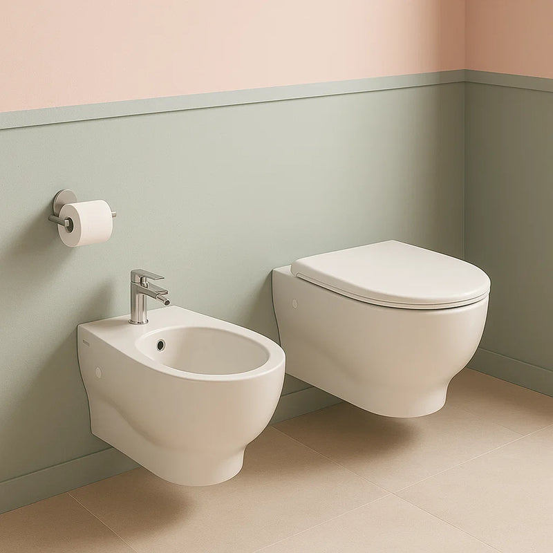 Sanitarios suspendidos sin brida cerámica globo Grace WC, bidé y asiento slim con cierre suave