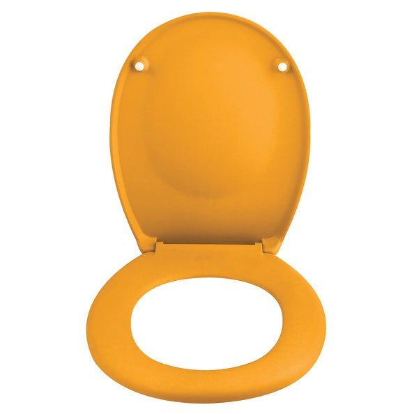 Sedile WC universale modello KLAK realizzato in  Thermo Dur Colore Arancione e Cerniere in acciaio inox