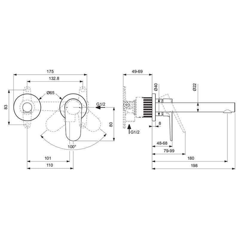 Miscelatore lavabo per installazione a parete cromato, solo parte esterna, con bocca da 18 cm Ideal Standard Ceralife O Art. BE019AA