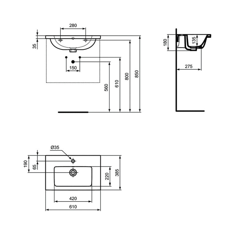 Lavabo top con profondità ridotta 60x38 cm in ceramica Ideal Standard I.Life S ART T459001
