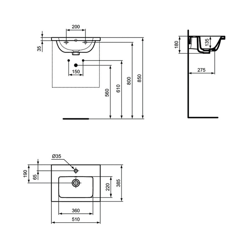 Lavabo top con profondità ridotta 50x38 cm in ceramica Ideal Standard I.Life S ART T459101