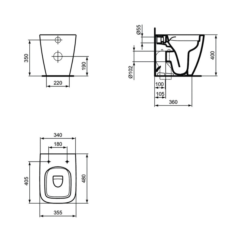 Sanitari filomuro per bagni piccoli senza Brida RimLS+ Ideal Standard I.Life S WC+Bidet+Sedile Normal Close Art T459401+T459501+T473601