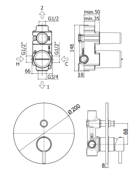 Paffoni Stick Einbau-Duschmischer mit automatischem Umschalter