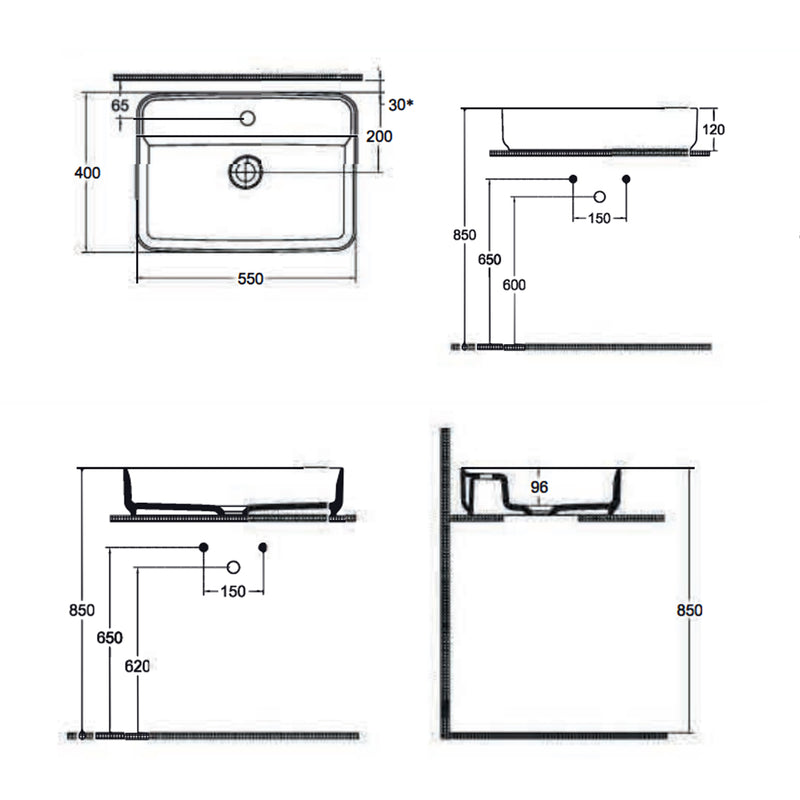 Lavabo d'appoggio rectangulaire avec trou BathCore série Infinity 55x40 couleur Blanc Brillant