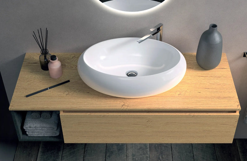 Mobile da bagno sospeso 120 cm Niege con lavabo d'appoggio e specchio retroilluminato LED Made in Italy - Cubi&Co