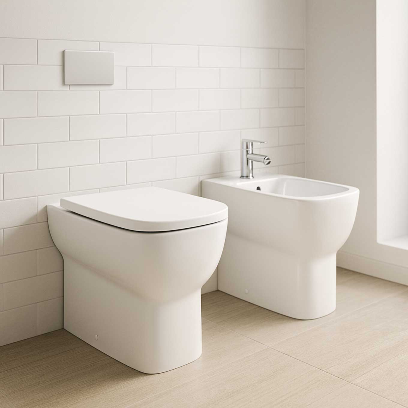 Coppia sanitari filomuro BathCore collezione Jasmine 48,5x35 cm con copriwater tradizionale